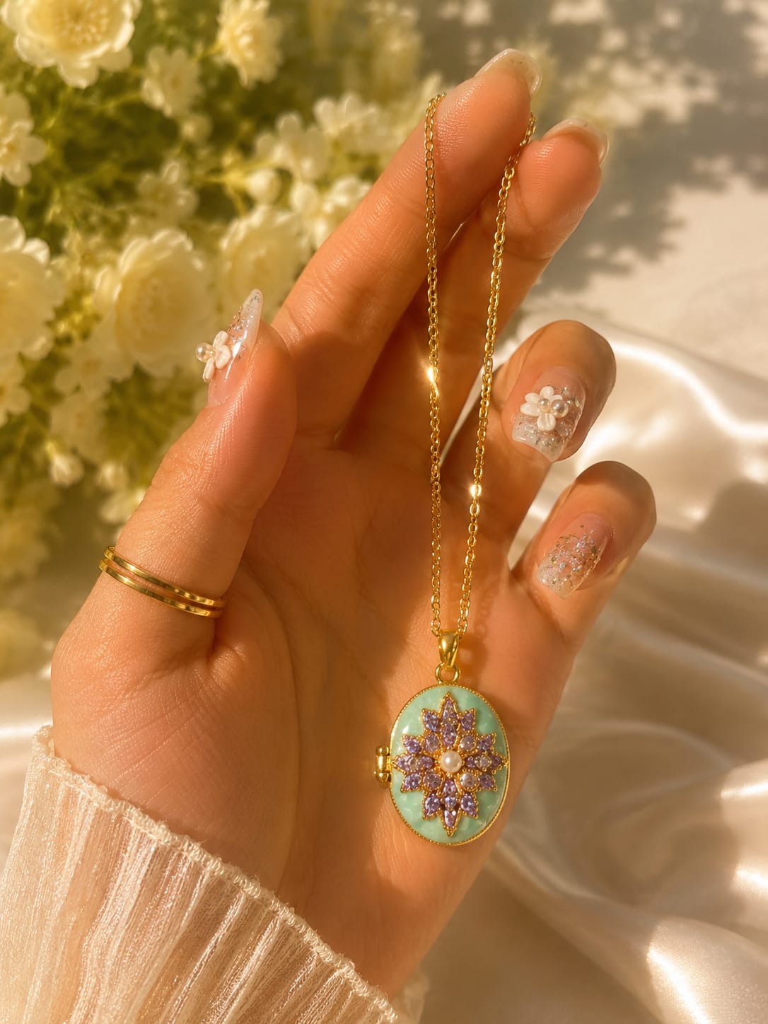 Green Crystal & Pearl Cluster Pendant