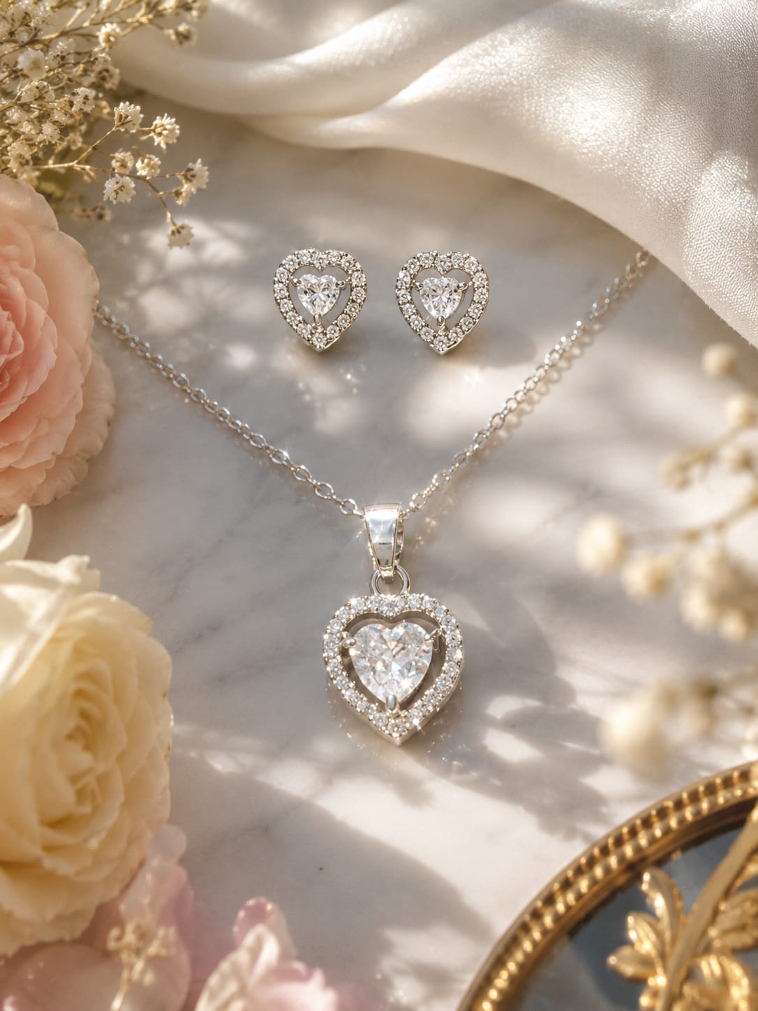 Heart-shaped silver jewelry set with necklace and earrings on a soft fabric background with flowers.
