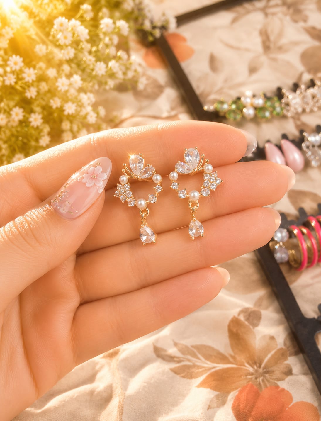 Gold Pearl Crystal Wreath Drop Earrings